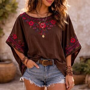 Johnny Was JW Los Angeles Joy Love Light Embroidered Cotton Boho Top Oversized S